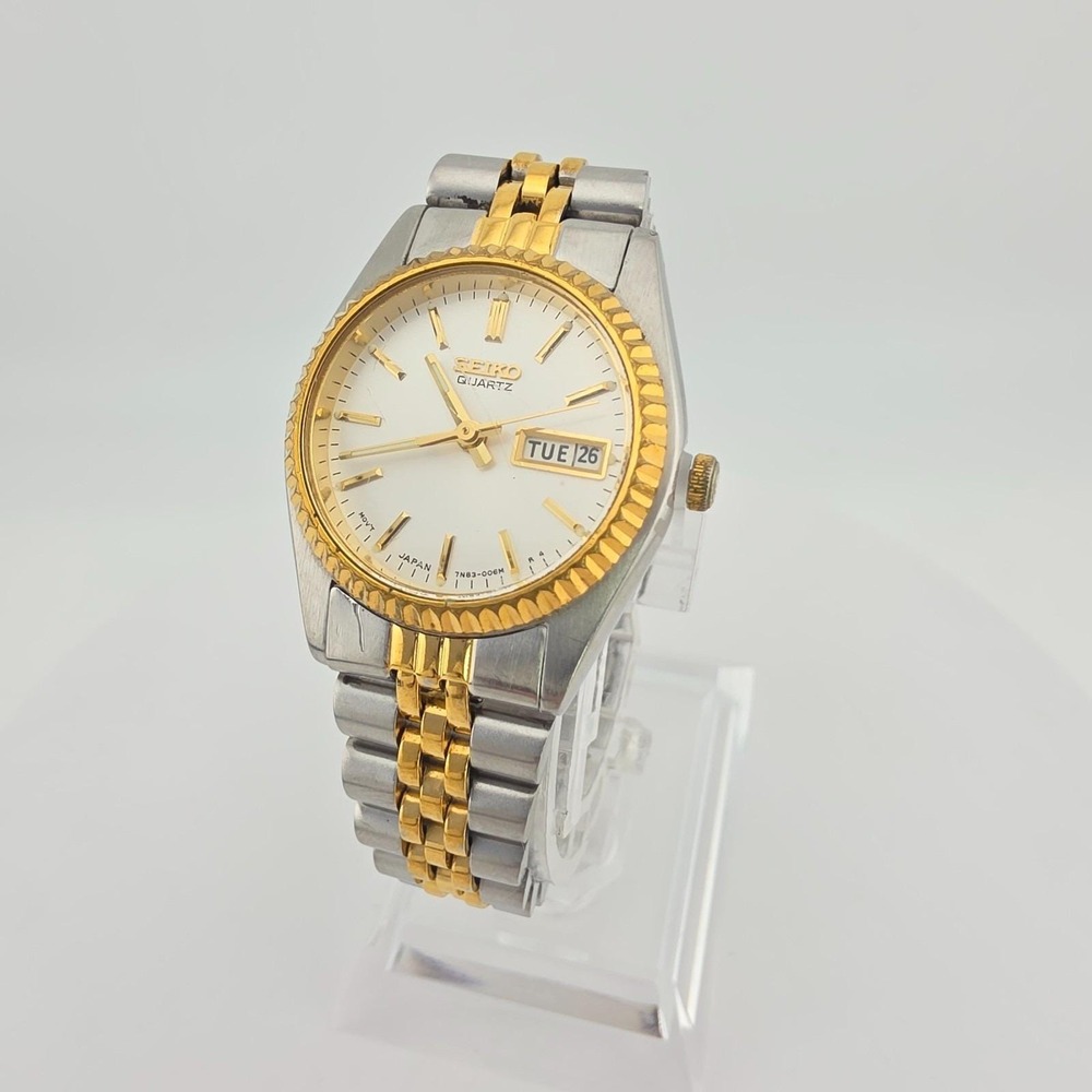 Vintage SEIKO Ladies Wrist Watch 7N83-0041 Date Window Silver Gold Plate 6.5"